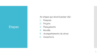 Etapas
As etapas que deverá pensar são:
1. Pesquisa
2. Projeto
3. Planejamento
4. Revisão
5. Acompanhamento de obras
6. Consultoria
9
 