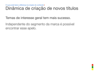 Temas de interesse geral tem mais sucesso.
Independente do segmento da marca é possível
encontrar esse apelo.
O que pode fazer a diferença na criação do conteúdo |
Dinâmica de criação de novos títulos
 
