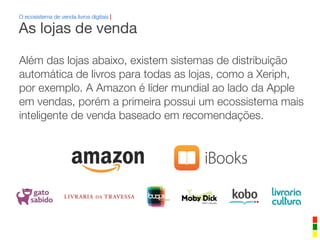Além das lojas abaixo, existem sistemas de distribuição
automática de livros para todas as lojas, como a Xeriph,
por exemplo. A Amazon é líder mundial ao lado da Apple
em vendas, porém a primeira possui um ecossistema mais
inteligente de venda baseado em recomendações.
O ecosistema de venda livros digitais |
As lojas de venda
 