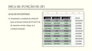 DICA 02: FUNÇÃO SE (IF)
 VALOR ENCONTRADO
 Arrastando o resultado da célula E3
para as demais células (de E3 até E12)
de maneira correta, chega-se à
condição desejada.
 