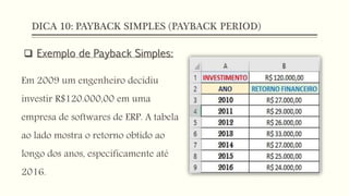 DICA 10: PAYBACK SIMPLES (PAYBACK PERIOD)
 Exemplo de Payback Simples:
Em 2009 um engenheiro decidiu
investir R$120.000,00 em uma
empresa de softwares de ERP. A tabela
ao lado mostra o retorno obtido ao
longo dos anos, especificamente até
2016.
 