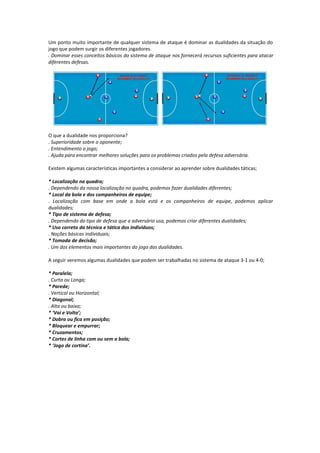 Um ponto muito importante de qualquer sistema de ataque é dominar as dualidades da situação do
jogo que podem surgir os diferentes jogadores.
. Dominar esses conceitos básicos do sistema de ataque nos fornecerá recursos suficientes para atacar
diferentes defesas.
O que a dualidade nos proporciona?
. Superioridade sobre o oponente;
. Entendimento o jogo;
. Ajuda para encontrar melhores soluções para os problemas criados pela defesa adversária.
Existem algumas características importantes a considerar ao aprender sobre dualidades táticas;
* Localização na quadra;
. Dependendo da nossa localização no quadra, podemos fazer dualidades diferentes;
* Local da bola e dos companheiros de equipe;
. Localização com base em onde a bola está e os companheiros de equipe, podemos aplicar
dualidades;
* Tipo de sistema de defesa;
. Dependendo do tipo de defesa que a adversário usa, podemos criar diferentes dualidades;
* Uso correto da técnica e tática dos indivíduos;
. Noções básicas individuais;
* Tomada de decisão;
. Um dos elementos mais importantes do jogo das dualidades.
A seguir veremos algumas dualidades que podem ser trabalhadas no sistema de ataque 3-1 ou 4-0;
* Paralela;
. Curta ou Longa;
* Parede;
. Vertical ou Horizontal;
* Diagonal;
. Alta ou baixa;
* ‘Vai e Volta’;
* Dobra ou fica em posição;
* Bloquear e empurrar;
* Cruzamentos;
* Cortes de linha com ou sem a bola;
* ‘Jogo de cortina’.
 
