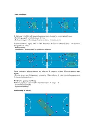 * Jogo entrelinhas;
O objetivo principal é invadir o outro lado do campo tentando criar um triângulo ofensivo;
. Esse triângulo pode ser criado de duas formas;
. Deslocamento para a frente ou deslocamento de uma ala para o centro.
Queremos reduzir o espaço entre as linhas defensivas, atraindo os defensores para a bola e criando
espaço em duas zonas;
. No lado oposto;
. Trabalhando o triângulo atrás da última linha defensiva.
Nesse movimento sobrecarregamos um lado com 6 jogadores, criando diferentes espaços para
atacar;
. É muito comum usar triângulos em um sistema 4-0 como forma de iniciar nosso ataque posicional,
tentando atrair os defensores.
* Triângulos após superioridades;
Podemos jogar duas superioridades diferentes na zona de criação 4-0;
. Spuerioridade de criação;
. Superioridade lateral.
Superioridade de criação;
 