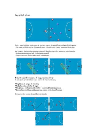 Superioridade lateral;
Após a superioridade, podemos criar com um avanço simples diferentes tipos de triângulos;
. Essa superioridade atrai as linhas defensivas, criando muito espaço nas costas da defesa.
Nas imagens abaixo podemos observar dois triângulos diferentes após uma superioridade;
. Um jogando do mesmo lado (reduzindo o espaço);
. O outro com mais distância e criando mais espaço.
2) Padrão redondo no sistema de ataque posicional 4-0;
As principais características desse padrão de movimento são;
* Amplitude do campo de trabalho;
* Trabalhe entre as linhas de jogo;
* Modifique o tradicional sistema 4-0 e cause mobilidade defensiva;
* Gerar alta mobilidade nos jogadores e espaço atrás dos defensores.
Os movimentos básicos do padrão redondo são;
 