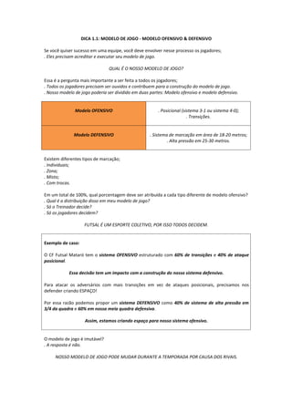DICA 1.1: MODELO DE JOGO - MODELO OFENSIVO & DEFENSIVO
Se você quiser sucesso em uma equipe, você deve envolver nesse processo os jogadores;
. Eles precisam acreditar e executar seu modelo de jogo.
QUAL É O NOSSO MODELO DE JOGO?
Essa é a pergunta mais importante a ser feita a todos os jogadores;
. Todos os jogadores precisam ser ouvidos e contribuem para a construção do modelo de jogo.
. Nosso modelo de jogo poderia ser dividido em duas partes: Modelo ofensivo e modelo defensivo.
Modelo OFENSIVO . Posicional (sistema 3-1 ou sistema 4-0);
. Transições.
Modelo DEFENSIVO . Sistema de marcação em área de 18-20 metros;
. Alta pressão em 25-30 metros.
Existem diferentes tipos de marcação;
. Individuais;
. Zona;
. Misto;
. Com trocas.
Em um total de 100%, qual porcentagem deve ser atribuída a cada tipo diferente de modelo ofensivo?
. Qual é a distribuição disso em meu modelo de jogo?
. Só o Treinador decide?
. Só os jogadores decidem?
FUTSAL É UM ESPORTE COLETIVO, POR ISSO TODOS DECIDEM.
Exemplo de caso:
O CF Futsal Mataró tem o sistema OFENSIVO estruturado com 60% de transições e 40% de ataque
posicional.
Essa decisão tem um impacto com a construção do nosso sistema defensivo.
Para atacar os adversários com mais transições em vez de ataques posicionais, precisamos nos
defender criando ESPAÇO!
Por essa razão podemos propor um sistema DEFENSIVO como 40% de sistema de alta pressão em
3/4 da quadra e 60% em nossa meia quadra defensiva.
Assim, estamos criando espaço para nosso sistema ofensivo.
O modelo de jogo é imutável?
. A resposta é não.
NOSSO MODELO DE JOGO PODE MUDAR DURANTE A TEMPORADA POR CAUSA DOS RIVAIS.
 
