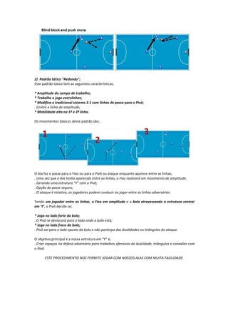 2) Padrão tático "Redondo";
Este padrão tático tem as seguintes características;
* Amplitude do campo de trabalho;
* Trabalhe o jogo entrelinhas;
* Modifica o tradicional sistema 3-1 com linhas de passe para o Pivô;
. Centro e linha de amplitude;
* Mobilidade alta na 1ª e 2ª linha.
Os movimentos básicos deste padrão são;
O Ala faz o passe para o Fixo ou para o Pivô ou ataque enquanto aparece entre as linhas;
. Uma vez que o Ala tenha aparecido entre as linhas, o Fixo realizará um movimento de amplitude.
. Gerando uma estrutura "Y" com o Pivô;
. Opção de passe seguro;
. O ataque é rotativo, os jogadores podem conduzir ou jogar entre as linhas adversárias.
Tendo um jogador entre as linhas, o Fixo em amplitude e a bola atravessando a estrutura central
em ‘Y’, o Pivô decide se;
* Joga no lado forte da bola;
. O Pivô se deslocará para o lado onde a bola está;
* Joga no lado fraco da bola;
. Pivô vai para o lado oposto da bola e não participa das dualidades ou triângulos de ataque.
O objetivo principal é a nossa estrutura em "Y" é;
. Criar espaços na defesa adversária para trabalhos ofensivos de dualidade, triângulos e conexões com
o Pivô.
ESTE PROCEDIMENTO NOS PERMITE JOGAR COM NOSSOS ALAS COM MUITA FACILIDADE.
 