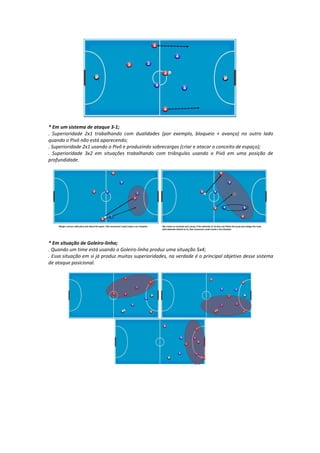 * Em um sistema de ataque 3-1;
. Superioridade 2x1 trabalhando com dualidades (por exemplo, bloqueio + avanço) no outro lado
quando o Pivô não está aparecendo;
. Superioridade 2x1 usando o Pivô e produzindo sobrecargas (criar e atacar o conceito de espaço);
. Superioridade 3x2 em situações trabalhando com triângulos usando o Pivô em uma posição de
profundidade.
* Em situação de Goleiro-linha;
. Quando um time está usando o Goleiro-linha produz uma situação 5x4;
. Essa situação em si já produz muitas superioridades, na verdade é o principal objetivo desse sistema
de ataque posicional.
 
