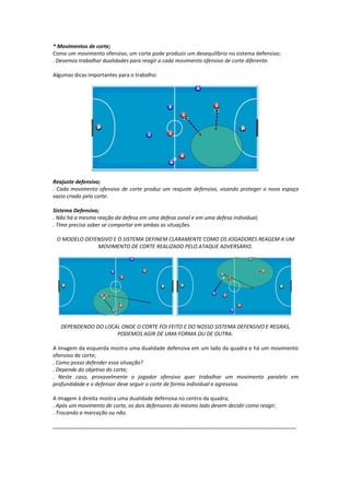 * Movimentos de corte;
Como um movimento ofensivo, um corte pode produzir um desequilíbrio no sistema defensivo;
. Devemos trabalhar dualidades para reagir a cada movimento ofensivo de corte diferente.
Algumas dicas importantes para o trabalho:
Reajuste defensivo;
. Cada movimento ofensivo de corte produz um reajuste defensivo, visando proteger o novo espaço
vazio criado pelo corte.
Sistema Defensivo;
. Não há a mesma reação da defesa em uma defesa zonal e em uma defesa individual;
. Time precisa saber se comportar em ambas as situações.
O MODELO DEFENSIVO E O SISTEMA DEFINEM CLARAMENTE COMO OS JOGADORES REAGEM A UM
MOVIMENTO DE CORTE REALIZADO PELO ATAQUE ADVERSÁRIO.
DEPENDENDO DO LOCAL ONDE O CORTE FOI FEITO E DO NOSSO SISTEMA DEFENSIVO E REGRAS,
PODEMOS AGIR DE UMA FORMA OU DE OUTRA.
A imagem da esquerda mostra uma dualidade defensiva em um lado da quadra e há um movimento
ofensivo de corte;
. Como posso defender essa situação?
. Depende do objetivo do corte;
. Neste caso, provavelmente o jogador ofensivo quer trabalhar um movimento paralelo em
profundidade e o defensor deve seguir o corte de forma individual e agressiva.
A imagem à direita mostra uma dualidade defensiva no centro da quadra;
. Após um movimento de corte, os dois defensores do mesmo lado devem decidir como reagir;
. Trocando a marcação ou não.
...........................................................................................................................................................
 