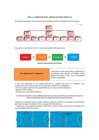 DICA 1.13: MODELO DE JOGO - MODELO DE DEFESA (PARTE 3.3)
A explicação será sobre a base defensiva de 3-4 jogadores dentro do modelo defensivo de jogo.
Antes disso, é importante lembrar o processo de aprendizado progressivo;
Base defensiva de 3 - 4 jogadores;
. Execução de vários meios táticos coordenados e
sincronizados para alcançar um objetivo tático
defensivo particular e mais, com a participação
de todos os jogadores.
A coisa mais importante em um modelo defensivo é o trabalho com base em 2 jogadores, mas
quando falamos de sistemas defensivos, é necessário trabalhar com 3 jogadores;
. O terceiro jogador defensivo dá a possibilidade de criar uma nova linha defensiva;
. Segunda linha de defesa;
. Essa base cria nosso sistema defensivo.
O TERCEIRO JOGADOR É O EQUILÍBRIO DEFENSIVO, QUE TEM O CONTROLE DE ESPAÇO DEFENSIVO E
TEM A RESPONSABILIDADE DE CRIAR UMA NOVA LINHA DEFENSIVA.
Seguindo o conceito do terceiro jogador defensivo, podemos adicionar uma grande responsabilidade
que é fazer as ações de cobertura como uma segunda linha defensiva.
. É importante que o jogador entenda os lados fracos e fortes do jogo como forma de entender uma
responsabilidade defensiva coletiva.
 