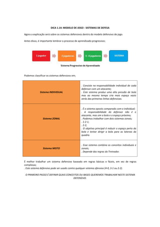 DICA 1.14: MODELO DE JOGO - SISTEMAS DE DEFESA
Agora a explicação será sobre os sistemas defensivos dentro do modelo defensivo de jogo.
Antes disso, é importante lembrar o processo de aprendizado progressivo;
Podemos classificar os sistemas defensivos em;
Sistema INDIVIDUAL
. Consiste na responsabilidade individual de cada
defensor com um atacante;
. Este sistema produz uma alta pressão de bola
mas ao mesmo tempo cria mais espaço vazio
atrás das primeiras linhas defensivas.
Sistema ZONAL
. É o sistema oposto comparado com o individual;
. A responsabilidade do defensor não é o
atacante, mas sim a bola e o espaço próximo;
. Podemos trabalhar com dois sistemas zonais;
. 1-2-1;
. 2-2;
. O objetivo principal é reduzir o espaço perto da
bola e tentar dirigir a bola para as laterais da
quadra.
Sistema MISTO
. Esse sistema combina os conceitos individuais e
zonais;
. Depende das regras do Treinador.
É melhor trabalhar um sistema defensivo baseado em regras básicas e fáceis, em vez de regras
complexas;
. Este sistema defensivo pode ser usado contra qualquer sistema ofensivo (4-0, 3-1 ou 2-2).
O PRIMEIRO PASSO É DEFINIR QUAIS CONCEITOS OU BASES QUEREMOS TRABALHAR NESTE SISTEMA
DEFENSIVO.
 