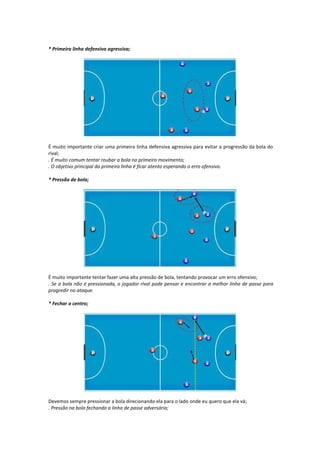 * Primeira linha defensiva agressiva;
É muito importante criar uma primeira linha defensiva agressiva para evitar a progressão da bola do
rival;
. É muito comum tentar roubar a bola no primeiro movimento;
. O objetivo principal da primeira linha é ficar atento esperando o erro ofensivo.
* Pressão de bola;
É muito importante tentar fazer uma alta pressão de bola, tentando provocar um erro ofensivo;
. Se a bola não é pressionada, o jogador rival pode pensar e encontrar a melhor linha de passe para
progredir no ataque.
* Fechar o centro;
Devemos sempre pressionar a bola direcionando ela para o lado onde eu quero que ela vá;
. Pressão na bola fechando a linha de passe adversária;
 