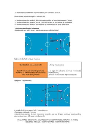 . O objetivo principal é tentar empurrar a bola para uma ala e roubá-la.
Algumas dicas importantes para o trabalho são;
. O movimento de corte deve ser feito com uma trajetória de deslocamento para a frente;
. O movimento de corte deve ser feito se o atacante estiver no meu ângulo de visibilidade;
. O movimento de corte deve ser feito somente na zona da linha de passe adversária.
* Movimentos defensivos individuais;
. Jogadores devem saber como e quando usar a marcação individual.
Pode ser trabalhado em duas situações;
Quando a bola não é pressionada . Eu sigo meu atacante.
Quando o rival está tentando gerar uma
dualidade na linha lateral e os dois atacantes
estão muito mais próximos
. Eu sigo meu atacante ou troco a marcação
imediatamente;
. Criando um movimento defensivo de corte.
Temporize e recomponha;
A posição do defensor para a bola é muito distante;
. Nesse caso, mais de 2-3 metros;
. Quando isso acontece é muito importante entender que não dá para continuar pressionando o
adversário porque a defesa vai estar flutuando.
IDEAL ENTÃO É TEMPORIZAR E RECUAR OS DEFENSORES PARA A SEGUNDA LINHA DE DEFESA,
REDUZINDO O ESPAÇO E REESTRUTURANDO O SISTEMA DEFENSIVO.
 