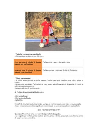 * Trabalhar com ou sem profundidade;
. Pivô pode jogar de duas formas diferentes;
Perto da zona de criação de jogada,
jogando sem profundidade
Pivô quer criar espaço e dar apoio à bola;
Longe da zona de criação de jogada,
jogando em profundidade
Pivô quer arriscar e participar da fase de finalização.
* Criar e atacar espaço;
. Se o Pivô quiser controlar e ganhar espaço, é muito importante trabalhar como criar e atacar o
espaço;
. Por exemplo, quando um Pivô canhoto se move para o lado ofensivo direito da quadra, ele recebe a
bola e ataca o espaço central;
. Espaço criado por ele anteriormente.
3) Posições do posições de pivô diferentes;
. Pivô centralizado;
. Pivô semicentralizado;
. Falso Pivô.
Para o Pivô, é muito importante entender que tipo de movimentos ele poder fazer em cada posição;
. Não é o mesmo movimento se o pivô estiver centralizado ou semi-centralizado em seu lado forte.
QUAL É O LADO FORTE DO PIVÔ?
Quando se fala em lado forte, nos referindo à perna forte do jogador.
. Se o jogador for canhoto, então seu lado ofensivo forte é o destro, porque ele pode atacar o centro
do quadra com sua perna forte.
 