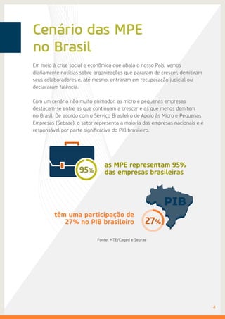 Cenário das MPE
no Brasil
Em meio à crise social e econômica que abala o nosso País, vemos
diariamente notícias sobre organizações que pararam de crescer, demitiram
seus colaboradores e, até mesmo, entraram em recuperação judicial ou
declararam falência.
Com um cenário não muito animador, as micro e pequenas empresas
destacam-se entre as que continuam a crescer e as que menos demitem
no Brasil. De acordo com o Serviço Brasileiro de Apoio às Micro e Pequenas
Empresas (Sebrae), o setor representa a maioria das empresas nacionais e é
responsável por parte significativa do PIB brasileiro.
Fonte: MTE/Caged e Sebrae
4
as MPE representam 95%
das empresas brasileiras
têm uma participação de
27% no PIB brasileiro
 