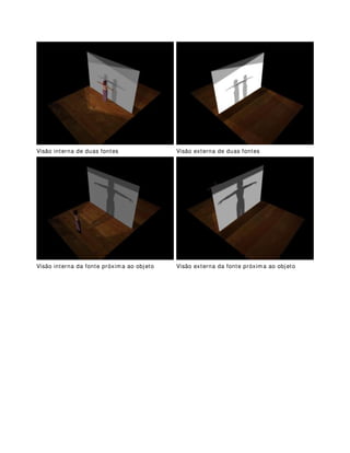 Sabendo disso e conhecendo e testanto materias e luzes diferentes, os lighting
designers podem obter efeitos muito bons no palco.
Devemos lembrar também que a quantidade, direção e ângulo de iluminação
determinará as sombras criadas. Para completar diríamos que a dimensão da sombra
criada será inversamente proporcional à distância entre a fonte de luz e o anteparo
material, assim como dos objetos utilizados.
Para um melhor entendimento veja as figuras abaixo. Observe que a distância entre
objetos, fundo (anteparo) e fonte de luz, provocam efeitos diferenciados.
Outra coisa importante a saber é que a quantidade de sombras de um objeto
projetadas no anteparo dependerá exclusivamente da quantidade de fontes luminosas
e as distâncias e dimensões entre as sombras dependerão das distâncias entre essas
fontes. Veja na figura abaixo alguns exemplos:
Visão interna de tecido pintado Visão externa de tecido pintado
Visão interna de projeção de imagem Visão externa de projeção de imagem
 