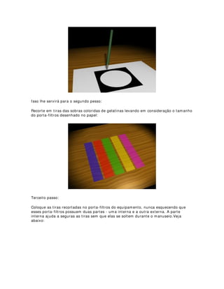 RPR VmR UHDOL]DGRV RV HQVDLRV WpFQLFRV
Os ensaios técnicos são realizados após a montagem de cenários e montagem e
programação da iluminação. O diretor pode se colocar no centro da platéia onde terá
uma visão ampla dos trabalhos. Já os designers podem ficar um pouco mais próximos
do palco para manterem contato direto com seus auxiliares e com a direção ao mesmo
tempo. No caso da iluminação, dois ou mais eletricistas aguardam nas coxias e o
operador na mesa de luz. Se houver efeitos de canhão seguidor o profissional ou
profissionais responsáveis pela operação também deverão estar á postos. Isso inclui
também outros profissionais executores de diferentes efeitos de cena.
A partir daí o diretor comandará todas as mudanças de cenas que possuam
contrapartida nas mudanças de luz, inclusive luzes de serviço e platéia. Uma a uma,
apenas as mudanças serão ensaiadas e não o espetáculo todo. Isso facilita a
visualização e correção dos efeitos e mudanças temporais da luz, além de maximizar o
tempo de ensaio. Quando houver necessidade o diretor ou o designer podem pausar a
qualquer momento as ações que estão sendo realizadas para que se dêem as
correções necessárias que serão executadas pelos profissionais de montagem e
operação, continuando-se logo em seguida do ponto de pausa.
Após todas as mudanças serem detalhadamente efetuadas, até o final do espetáculo, o
diretor poderá passar um ensaio corrido de cena, ou seja, todo o espetáculo sem
pausas. Nesse caso torna-se novamente bastante interessante a presença de toda a
equipe.
 