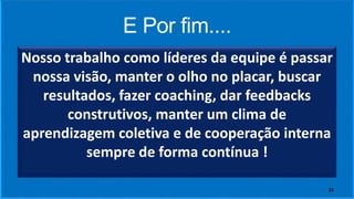 E Por fim....
Nosso trabalho como líderes da equipe é passar
nossa visão, manter o olho no placar, buscar
resultados, fazer coaching, dar feedbacks
construtivos, manter um clima de
aprendizagem coletiva e de cooperação interna
sempre de forma contínua !
22
 