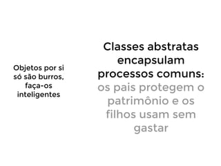 Objetos por si
só são burros,
faça-os
inteligentes

Classes abstratas
encapsulam
processos comuns:
os pais protegem o
patrimônio e os
filhos usam sem
gastar

 
