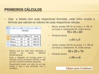 PRIMEIROS CÁLCULOS

   Veja a tabela com suas respectivas formulas, cada linha recebe a
    formula que calcule os valores de suas respectivas células.
                                                   Mauro vendeu R$ 50 na mesa 1 e R$ 10
                                                    na mesa 2, totalizando 60, então temos:
                                                                     50 10 60
                                                   Portanto temos

                                                                       b5 c5
                                                   Carlos vendeu R$ 50 na mesa 1 e R$ 20
                                                    na mesa 2, totalizando 70, então temos:
   Repare que em cada linha calculada a
    formula      vai      sendo      alterada
                                                                     50 20 70
    dinamicamente.                                 Portanto temos
   Após a digitação da formula como no                                b6 c6
    exemplo acima pressione ENTER e veja
    que ela mostrará resultado esperado.
   Experimente mudar um valor de um das
    mesas e veja o que acontece com o
    resultado.
 