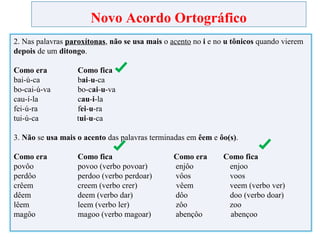 Novo Acordo Ortográfico
2. Nas palavras paroxítonas, não se usa mais o acento no i e no u tônicos quando vierem
depois de um ditongo.
Como era Como fica
bai-ú-ca bai-u-ca
bo-cai-ú-va bo-cai-u-va
cau-í-la cau-i-la
fei-ú-ra fei-u-ra
tui-ú-ca tui-u-ca
3. Não se usa mais o acento das palavras terminadas em êem e ôo(s).
Como era Como fica Como era Como fica
povôo povoo (verbo povoar) enjôo enjoo
perdôo perdoo (verbo perdoar) vôos voos
crêem creem (verbo crer) vêem veem (verbo ver)
dêem deem (verbo dar) dôo doo (verbo doar)
lêem leem (verbo ler) zôo zoo
magôo magoo (verbo magoar) abençôo abençoo
 