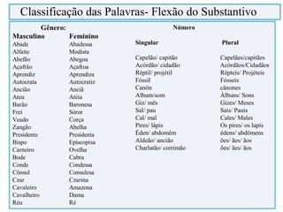 Classificação das Palavras- Flexão do Substantivo
Número
Singular Plural
Capelão/ capitão Capelães/capitães
Acórdão/ cidadão Acórdãos/Cidadãos
Réptil/ projétil Répteis/ Projéteis
Fóssil Fósseis
Canôn cânones
Album/som Álbuns/ Sons
Giz/ mês Gizes/ Meses
Sal/ pau Sais/ Pauis
Cal/ mal Cales/ Males
Pires/ lápis Os pires/ os lapis
Éden/ abdomêm édens/ abdômens
Aldeão/ ancião ões/ ães/ ãos
Charlatão/ corrimão ões/ ães/ ãos
 