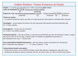 Sujeito→ é o termo que concorda com o verbo, sua posição pode variar:
Antes do Predicado. Os alunos fizeram um excelente trabalho.
suj. Predicado
Depois do verbo. Desenhavam despreocupados os alunos. / Despreocupados os alunos desenhavam.
predicado suj. Predicado suj. predicado
Núcleo do sujeito:
→ é a palavra central do sujeito, que pode ser (subst./pronome subst./palavras substantivadas/ numeral)
Suj.simples→ possui apenas um núcleo. Ou uma expressão indivisa(subst./pronome/substantivada)
Ex.: O rapaz estudou.
Suj.composto→ possui mais de um núcleo.
Ex.: Carlos e sua mulher estudam.
Suj.indeterminado→ não está evidente, e nem pode ser identificado por meio da desinência verbal, e sempre
haverá um verbo na 3ªp. do sing. ou plural, pode vir também acompanhado do pronome se.
Ex.: Roubaram meu carro./ Canta-se bem.
Suj. oculto/elíptico/implícito/desinencial→ não tem núcleo, porque teoricamente ele não aparece.
Ex.: Compramos duas jaquetas. Quem comprou? → nós
Suj.inexistente/oração sem sujeito:
→verbos haver, fazer e ser no sentido de tempo corrido. Ex.: Há anos desapareceu./ Era meia noite.
→Fenômenos da natureza (chover, anoitecer, faz frio, faz calor, vento, etc.). Ex.: Choveu muito ontem.
Análise Sintática- Termos Essenciais da Oração
 