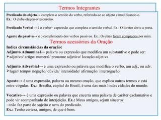 Predicado do objeto→ completa o sentido do verbo, referindo-se ao objeto e modificando-o.
Ex.: O clube elegeu-o tesoureiro.
Predicado Verbal→ é o verbo+ expressão que completa o sentido verbal. Ex.: O diretor abriu a porta.
Agente da passiva→ é o complemento dos verbos passivos. Ex.: Os pães foram comprados por mim.
Termos acessórios da Oração
Indica circunstâncias da oração:
Adjunto Adnominal→ palavra ou expressão que modifica um substantivo e pode ser:
adjetivo/ artigo/ numeral/ pronome adjetivo/ locução adjetiva
Adjunto Adverbial→ é uma expressão ou palavra que modifica o verbo, um adj., ou adv.
lugar/ tempo/ negação/ dúvida/ intensidade/ afirmação/ interrogação
Aposto→ é uma expressão, palavra ou mesmo oração, que explica outros termos e está
entre vírgulas. Ex.: Brasília, capital do Brasil, é uma das mais lindas cidades do mundo.
Vocativo→ é uma expressão ou palavra que encerra uma palavra de caráter exclamativo e
pode vir acompanhado de interjeição. Ex.: Meus amigos, sejam sinceros!
→não faz parte do sujeito e nem do predicado.
Ex.: Tenho certeza, amigos, de que é bom.
Termos Integrantes
 