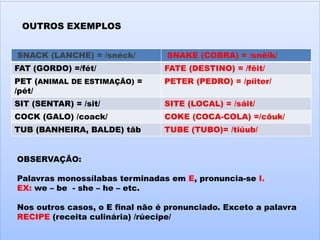 OUTROS EXEMPLOS
SNACK (LANCHE) = /snéck/ SNAKE (COBRA) = /snêik/
FAT (GORDO) =/fét/ FATE (DESTINO) = /fêit/
PET (ANIMAL DE ESTIMAÇÃO) =
/pét/
PETER (PEDRO) = /píiter/
SIT (SENTAR) = /sit/ SITE (LOCAL) = /sáit/
COCK (GALO) /coack/ COKE (COCA-COLA) =/côuk/
TUB (BANHEIRA, BALDE) tâb TUBE (TUBO)= /tiúub/
OBSERVAÇÃO:
Palavras monossílabas terminadas em E, pronuncia-se I.
EX: we – be - she – he – etc.
Nos outros casos, o E final não é pronunciado. Exceto a palavra
RECIPE (receita culinária) /rúecipe/