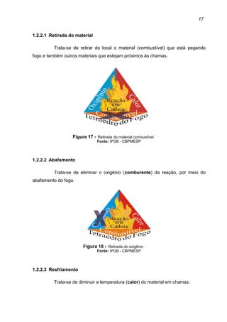 17
1.2.2.1 Retirada do material
Trata-se de retirar do local o material (combustível) que está pegando
fogo e também outros materiais que estejam próximos às chamas.
Figura 17 - Retirada do material combustível
Fonte: 9ºGB - CBPMESP
1.2.2.2 Abafamento
Trata-se de eliminar o oxigênio (comburente) da reação, por meio do
abafamento do fogo.
Figura 18 - Retirada do oxigênio
Fonte: 9ºGB - CBPMESP
1.2.2.3 Resfriamento
Trata-se de diminuir a temperatura (calor) do material em chamas.
 