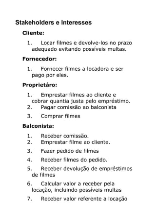 Stakeholders e Interesses
  Cliente:
   1.   Locar filmes e devolve-los no prazo
     adequado evitando possíveis multas.
  Fornecedor:
   1.   Fornecer filmes a locadora e ser
     pago por eles.
  Proprietáro:
   1.   Emprestar filmes ao cliente e
     cobrar quantia justa pelo empréstimo.
   2.   Pagar comissão ao balconista
   3.   Comprar filmes
  Balconista:
   1.   Receber comissão.
   2.   Emprestar filme ao cliente.
   3.   Fazer pedido de filmes
   4.   Receber filmes do pedido.
   5.    Receber devolução de empréstimos
     de filmes
   6.    Calcular valor a receber pela
     locação, incluindo possíveis multas
   7.   Receber valor referente a locação
 