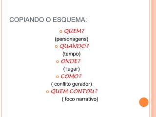 COPIANDO O ESQUEMA:
 QUEM?
(personagens)
 QUANDO?
(tempo)
 ONDE?
( lugar)
 COMO?
( conflito gerador)
 QUEM CONTOU?
( foco narrativo)
 