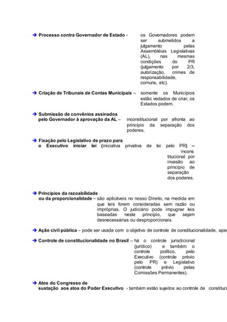  Processo contra Governador de Estado - os Governadores podem
ser submetidos a
julgamento pelas
Assembléias Legislativas
(AL), nas mesmas
condições do PR
(julgamento por 2/3,
autorização, crimes de
responsabilidade,
comuns, etc).
 Criação de Tribunais de Contas Municipais – somente os Municípios
estão vedados de criar, os
Estados podem.
 Submissão de convênios assinados
pelo Governador à aprovação da AL – inconstitucional por afronta ao
princípio da separação dos
poderes.
 Fixação pelo Legislativo de prazo para
o Executivo iniciar lei (iniciativa privativa de lei pelo PR) –
incons
titucional por
invasão ao
princípio de
separação
dos poderes.
 Princípios da razoabilidade
ou da proporcionalidade – são aplicáveis no nosso Direito, na medida em
que leis forem consideradas sem razão ou
impróprias. O judiciário pode impugnar leis
baseadas neste princípio, que sejam
desnecessárias ou desproporcionais.
 Ação civil pública – pode ser usada com o objetivo de controle de constitucionalidade, apen
 Controle de constitucionalidade no Brasil – há o controle jurisdicional
(jurídico) e também o
controle político, pelo
Executivo (controle prévio
pelo PR) e Legislativo
(controle prévio pelas
Comissões Permanentes).
 Atos do Congresso de
sustação aos atos do Poder Executivo - também estão sujeitos ao controle de constituci
 