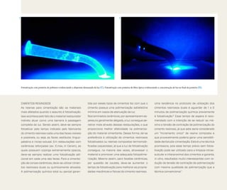 C

D

Fotoativação com ponteira de polímero evidenciando a dispersão demasiada da luz (C). Fotoativação com ponteira de fibra óptica evidenciando a concentração de luz no final da ponteira (D).

Cimentos resinosos

tida por esses tipos de cimentos faz com que o

Uma tendência no protocolo de utilização dos

As resinas para cimentação são os materiais

cimento possua uma polimerização satisfatória

cimentos resinosos duais é aguardar de 1 a 5

mais afetados quando o assunto é fotoativação.

mínima em casos de atenuação da luz.

minutos de polimerização química previamente

Isso acontece pelo fato de o material restaurador

Nos laminados cerâmicos, por apresentarem es-

à fotoativação.6 Esse tempo de espera é reco-

indireto atuar como uma barreira à passagem

pessura geralmente delgada, a luz consegue pe-

mendado com a intenção de se reduzir ao má-

completa da luz. Sendo assim, deve-se sempre

netrar mais através dessas restaurações, o que

ximo a tensão de contração de polimerização do

fotoativar pelo tempo indicado pelo fabricante

proporciona melhor efetividade na polimeriza-

cimento resinoso, já que este seria considerado

do cimento resinoso cada uma das faces visíveis

ção do material cimentante. Dessa forma, dá-se

um “incremento único” de resina composta e

e possíveis, ou seja, as faces vestibular, linguo-

preferência à utilização de cimentos resinosos

que provavelmente poderia gerar uma sensibili-

palatina e inciso-oclusal. Em restaurações com

fotoativados ou resinas compostas termomodi-

dade dental pós-cimentação. Esta é uma técnica

cerâmicas reforçadas (ex.: E.max, In Ceram), as

ficadas (aquecidas), já que a luz de fotoativação

promissora, pois esse tempo prévio sem fotoa-

quais possuem copings extremamente opacos,

consegue, na maioria das vezes, atravessar o

tivação pode ser utilizado para a limpeza intras-

deve-se sempre realizar uma fotoativação adi-

material e promover uma adequada fotopolime-

sulcular e interproximal dos cimentos e garante,

cional em cada uma das faces. Para a cimenta-

rização. Mesmo assim, para facetas cerâmicas,

in vitro, resultados muito interessantes com re-

ção de coroas cerâmicas, deve-se utilizar cimen-

por questão de cautela, deve-se aumentar o

dução da tensão de contração de polimerização

tos resinosos duais ou quimicamente ativados.

tempo de fotoativação para melhorar as proprie-

com mesma qualidade de polimerização que a

A polimerização química total ou parcial garan-

dades mecânicas e físicas do cimento resinoso.

técnica convencional.7

 