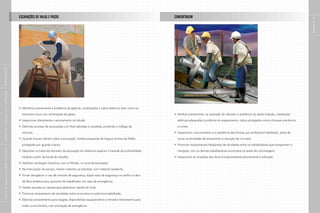 ESCAVAÇÕES DE VALAS E POÇOS                                                                       CONCRETAGEM




                                                                                                                                                                                                                                               páginas 4 e 5
|
SUPLEMENTO
|
indústria da construção civil – edificações




                                                Identificar previamente a existência de galerias, canalizações e cabos elétricos; bem como os

                                                eventuais riscos com emanações de gases;                                                         Verificar previamente, na operação do vibrador, a existência da dupla isolação, instalações

                                                Inspecionar diariamente o escoramento do talude;                                                 elétricas adequadas à potência do equipamento, cabos protegidos contra choques mecânicos

                                                Delimitar as áreas de escavações com fitas zebradas e cavaletes, proibindo o tráfego de          e cortes;

                                                veículos;                                                                                        Inspecionar o escoramento e a resistência das formas, por profissional habilitado, antes de

                                                Quando houver trânsito sobre a escavação, instalar passarelas de largura mínima de 0,60m,        iniciar as atividades de lançamento e vibração de concreto;

                                                protegidas por guarda-corpos;                                                                    Promover revezamentos freqüentes de atividades entre os trabalhadores que transportam o
|
manual de segurança e saúde no trabalho




                                                Depositar os materiais retirados da escavação em distância superior à metade da profundidade     mangote, com os demais trabalhadores envolvidos na tarefa de concretagem;

                                                medida a partir da borda do tubulão;                                                             Inspecionar as conexões dos dutos transportadores previamente à utilização.

                                                Viabilizar ventilação mecânica, com ar filtrado, no local da escavação;

                                                Na interrupção do serviço, manter cobertos os tubulões, com material resistente;

                                                Tornar obrigatório o uso de cinturão de segurança, dupla trava de segurança no sarilho e cabo

                                                de fibra sintética para içamento do trabalhador, em caso de emergência;

                                                Instalar escadas ou rampas para abandono rápido do local;

                                                Promover revezamento de atividades entre os poceiros a cada hora trabalhada;

                                                Elaborar procedimento para resgate, disponibilizar equipamentos e ministrar treinamento para
|




                                                todos os envolvidos, com simulação de emergência.
 