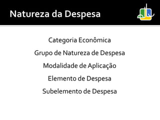 Categoria Econômica
Grupo de Natureza de Despesa
  Modalidade de Aplicação
    Elemento de Despesa
  Subelemento de Despesa
 