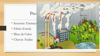 Problemas Ambientais
• Inversão Térmica
• Efeito Estufa
• Ilhas de Calor
• Chuvas Ácidas
 