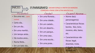 INÍCIO: 1º PARÁGRAFO: (DEIXAR ESPAÇO A PARTIR DA MARGEM.
COMEÇAR A FRASE COM LETRA MAIÚSCULA)
Quando?
• Era uma vez... (para
contos)
• Certo dia...
• Em um dia...
• Em uma manhã...
• Um tempo atrás...
• Há muitos anos...
• Numa festa...
• Em um belo dia...
Onde?
• Em uma floresta...
• Em uma cidade...
• Em um castelo...
• Em um deserto...
• Em um parque...
• Em uma casa...
• Em uma escola...
• Em uma praia...
Quem? Nome
• Nome da(s)
personagem(s)
• Características físicas:
bonito, feio, loiro,
moreno, alto, baixo,
etc.
• Características não
físicas: legal,
divertido, triste,
malvado, bondoso,
esperto, etc
 