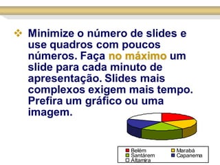  Minimize o número de slides e
  use quadros com poucos
  números. Faça no máximo um
  slide para cada minuto de
  apresentação. Slides mais
  complexos exigem mais tempo.
  Prefira um gráfico ou uma
  imagem.


                    Belém      Marabá
                    Santárem   Capanema
                    Altamira
 