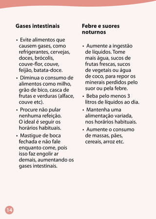 14
Gases intestinais
•	 Evite alimentos que
causem gases, como
refrigerantes, cervejas,
doces, brócolis,
couve-flor, couve,
feijão, batata-doce.
•	 Diminua o consumo de
alimentos como milho,
grão de bico, casca de
frutas e verduras (alface,
couve etc).
•	 Procure não pular
nenhuma refeição.
O ideal é seguir os
horários habituais.
•	 Mastigue de boca
fechada e não fale
enquanto come, pois
isso faz engolir ar
demais, aumentando os
gases intestinais.
Febre e suores
noturnos
•	 Aumente a ingestão
de líquidos. Tome
mais água, sucos de
frutas frescas, sucos
de vegetais ou água
de coco, para repor os
minerais perdidos pelo
suor ou pela febre.
•	 Beba pelo menos 3
litros de líquidos ao dia.
•	 Mantenha uma
alimentação variada,
nos horários habituais.
•	 Aumente o consumo
de massas, pães,
cereais, arroz etc.
 