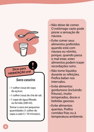 Soro caseiro
• 1 colher (rasa) de sopa
de açúcar;
• 1 colher (rasa) de chá de sal;
• 1 copo de água filtrada
ou fervida (200 ml).
Tomar o soro em pequenas
quantidades (1 colher de
sopa a cada 5 / 10 minutos).
!Dicas para
HIDRATAÇÃO oral
•	Não deixe de comer.
O estômago vazio pode
piorar a sensação de
náusea.
•	Evite comer seus
alimentos preferidos
quando está com
náusea ou vômito,
porque, quando passa
o mal estar, estes
alimentos podem trazer
recordações ruins.
•	Não tome líquidos
durante as refeições.
Prefira beber nos
intervalos.
•	Evite alimentos
gordurosos (incluindo
frituras), muito
temperados, doces e
bebidas gasosas.
•	Evite alimentos
quentes. Prefira
comidas frias ou à
temperatura ambiente.
 