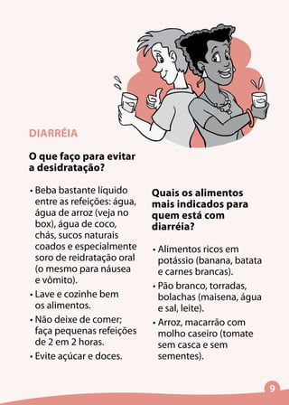O que faço para evitar
a desidratação?
•	Beba bastante líquido
entre as refeições: água,
água de arroz (veja no
box), água de coco,
chás, sucos naturais
coados e especialmente
soro de reidratação oral
(o mesmo para náusea
e vômito).
•	Lave e cozinhe bem
os alimentos.
•	Não deixe de comer;
faça pequenas refeições
de 2 em 2 horas.
•	Evite açúcar e doces.
Quais os alimentos
mais indicados para
quem está com
diarréia?
•	Alimentos ricos em
potássio (banana, batata
e carnes brancas).
•	Pão branco, torradas,
bolachas (maisena, água
e sal, leite).
•	Arroz, macarrão com
molho caseiro (tomate
sem casca e sem
sementes).
DIARRÉIA
 