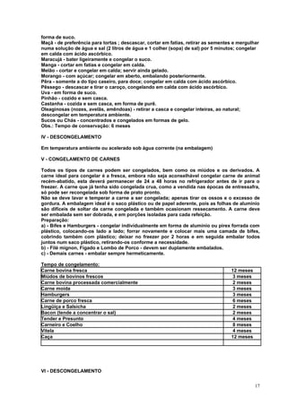 forma de suco.
Maçã - de preferência para tortas ; descascar, cortar em fatias, retirar as sementes e mergulhar
numa solução de água e sal (2 litros de água e 1 colher (sopa) de sal) por 5 minutos; congelar
em calda com ácido ascórbico.
Maracujá - bater ligeiramente e congelar o suco.
Manga - cortar em fatias e congelar em calda.
Melão - cortar e congelar em calda; servir ainda gelado.
Morango - com açúcar; congelar em aberto, embalando posteriormente.
Pêra - somente a do tipo caseiro, para doce; congelar em calda com ácido ascórbico.
Pêssego - descascar e tirar o caroço, congelando em calda com ácido ascórbico.
Uva - em forma de suco.
Pinhão - cozido e sem casca.
Castanha - cozida e sem casca, em forma de purê.
Oleaginosas (nozes, avelãs, amêndoas) - retirar a casca e congelar inteiras, ao natural;
descongelar em temperatura ambiente.
Sucos ou Chás - concentrados e congelados em formas de gelo.
Obs.: Tempo de conservação: 6 meses

IV - DESCONGELAMENTO

Em temperatura ambiente ou acelerado sob água corrente (na embalagem)

V - CONGELAMENTO DE CARNES

Todos os tipos de carnes podem ser congelados, bem como os miúdos e os derivados. A
carne ideal para congelar é a fresca, embora não seja aconselhável congelar carne de animal
recém-abatido, esta deverá permanecer de 24 a 48 horas no refrigerador antes de ir para o
freezer. A carne que já tenha sido congelada crua, como a vendida nas épocas de entressafra,
só pode ser recongelada sob forma de prato pronto.
Não se deve lavar e temperar a carne a ser congelada; apenas tirar os ossos e o excesso de
gordura. A embalagem ideal é o saco plástico ou de papel aderente, pois as folhas de alumínio
são difíceis de soltar da carne congelada e também ocasionam ressecamento. A carne deve
ser embalada sem ser dobrada, e em porções isoladas para cada refeição.
Preparação:
a) - Bifes e Hamburgers - congelar individualmente em forma de alumínio ou pirex forrada com
plástico, colocando-os lado a lado; forrar novamente e colocar mais uma camada de bifes,
cobrindo também com plástico; deixar no freezer por 2 horas e em seguida embalar todos
juntos num saco plástico, retirando-os conforme a necessidade.
b) - Filé mignon, Fígado e Lombo de Porco - devem ser duplamente embalados.
c) - Demais carnes - embalar sempre hermeticamente.

Tempo de congelamento:
Carne bovina fresca                                                                12 meses
Miúdos de bovinos frescos                                                          3 meses
Carne bovina processada comercialmente                                             2 meses
Carne moída                                                                        3 meses
Hamburgers                                                                         3 meses
Carne de porco fresca                                                              6 meses
Lingüiça e Salsicha                                                                2 meses
Bacon (tende a concentrar o sal)                                                   2 meses
Tender e Presunto                                                                  4 meses
Carneiro e Coelho                                                                  8 meses
Vitela                                                                             4 meses
Caça                                                                               12 meses




VI - DESCONGELAMENTO


                                                                                              17
 
