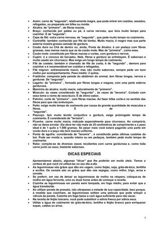 •   Acém: carne de "segunda", relativamente magra, que pode entrar em cozidos, assados,
    refogados, ou preparada em bifes ou moída.
•   Alcatra: de "primeira" , de fibras macias.
•   Braço: conhecida por paleta ou pá, é carne nervosa, que leva muito tempo para
    cozinhar. É de "segunda".
•   Capa de filé: outra carne nervosa, de "segunda" , que pede muito tempo no cozimento.
•   Contrafilé: também conhecido por filé do lombo. Muito macio, é magro mas sua parte
    externa mostra grossa camada de gordura.
•   Coxão duro ou Chã de dentro ou, ainda, Ponta de Alcatra: é um pedaço com fibras
    grossas, mas menos macia que as do coxão mole. Mas de "primeira" , como esse.
•   Coxão mole: constituído por fibras macias e curtas, com gordura e nervos.
•   Cupim: é a corcova do boi-zebu. Nele, fibras e gordura se entrelaçam. É saboroso e
    muito usado em churrasco. Mas exige um longo tempo de cozimento.
•   Filé de costela: também é chamado de filé de costa, é de "segunda" , demora para
    cozinhar e é recomendável em cozidos e refogados.
•   Filé mignon: extremamente macio, mas não muito saboroso, sempre pede um bom
    molho por acompanhamento. Peso médio: 2 quilos.
•   Fraldinha: composta pela parede do abdômen do animal, tem fibras longas, nervos e
    gorduras. De "segunda".
•   Lagarto: de "primeira" , formado por fibras longas e magras, com uma parte externa
    gordurosa.
•   Maminha do alcatra: muito macia, naturalmente de "primeira".
•   Músculo: às vezes considerado de "segunda" , às vezes de "terceira". Cortado com
    osso toma o nome de osso-buco. É de ótimo sabor.
•   Patinho: corte de "primeira" , com fibras macias. Ao fazer bifes corte-o no sentido das
    fibras para que não endureçam.
•   Peito: exige muito tempo de cozimento por causa da grande quantidade de músculos e
    fibras.                           É                        de
    "segunda".
•   Pescoço: tem muito tecido conjuntivo e gordura, exige prolongado tempo de
    cozimento. É considerado de "terceira".
•   Picanha: carne muito macia, indicada especialmente para churrasco. Ao comprá-la,
    não se deixe enrolar. Ela deve ter não mais de 25 centímetros de comprimento e o peso
    ideal é de 1 quilo a 1.500 gramas. Se pesar mais você estará pagando uma parte em
    coxão duro e a peça não terá maciez uniforme.
•   Ponta de agulha: considerada de "terceira" , é constituída pelas últimas costelas do
    boi. Pode ser moída e, quando inteira ou em pedaços, também pede muito tempo de
    cozimento.
•   Rabo: compõe-se de diversos ossos recobertos com carne gordurosa e, como toda
    carne junto ao osso, bastante saboroso.

                               DICAS ESPECIAIS
    Apresentamos abaixo, algumas "dicas" que lhe poderão ser muito úteis. Temos a
    certeza de que você irá utilizá-las no seu dia-a-dia.
•   As leguminosas são grãos que dão em vagem, como feijão, soja, grão-de-bico, lentilha
    e ervilha. Os cereais são os grãos que dão nas espigas, como milho, trigo, arroz e
    cevada.
•   Se preferir, em vez de deixar as leguminosas de molho na véspera, coloque-as de
    molho em água fervente, uma ou duas horas antes de começar a receita.
•   Cozinhe as leguminosas em panela semi tampada, em fogo médio, para evitar que a
    água transborde.
•   Ao utilizar panela de pressão, não ultrapasse a metade de sua capacidade. Isso porque,
    à medida que cozinham, as leguminosas soltam uma película que pode entupir a
    válvula da panela. Cozinhe em fogo baixo e com água suficiente para não secar.
•   Na receita de feijão toscano, você pode substituir a sálvia fresca por sálvia seca.
•   Utilize a água do cozimento do grão-de-bico, lentilha e feijão branco para enriquecer
    sopas, caldos ou arroz.



                                                                                         4
 