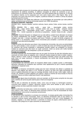 O cozimento pelo processo de microondas pode ser efetuado mais rapidamente ou mais lentamente,
dependendo da potência escolhida. A potência conjugada ao tempo de cozimento é que vai
proporcionar um cozimento correto. Por exemplo: uma carne assada pode ser cozida em 15 minutos
na potência máxima, se for preparada com uma carne macia como o filé mignon. Mas, se for
preparada uma carne mais dura como o lagarto, a potência indicada é a média e o tempo de preparo
aumentará para 50 minutos.
Abaixo fornecemos uma tabela das potências e as porcentagens de microondas que cada potência
opera. Lembramos que os fornos microondas operam com 700W de potência.
POTÊNCIA PORCENT. PREPARO
MÁXIMA 100% - aquecer bebidas, cozinhar verduras, bacon, peixes, frutas, carnes macias, cozinhar
arroz
MÉDIA MÁXIMA 70% - assar pudim - assar bolo - descongelar pratos prontos
MÉDIA 50% - assar carnes duras - preparar pratos com ovos ou queijo - preparar cremes
MÉDIA MÍNIMA 30% - descongelar carnes cruas - cozinhar carnes duras - cozimento lento
MÍNIMA 10% - manter aquecidos os alimentos já preparados - levedar massa de pão - preparar
iogurte
ATENÇÃO: Havendo flutuação na voltagem de sua rede elétrica, poderá haver alteração nos tempos
de preparo estabelecidos nas receitas. Voltagem mais baixa - o tempo de preparo será maior.
Voltagem mais alta - o tempo de preparo será menor. Portanto, em caso de dúvida, programe um
tempo menor e, se necessário, volte ao forno microondas para completar o cozimento sem prejuízo
do alimento que está sendo preparado.
Proteção
Proteja as partes dos alimentos que atraem mais energia das microondas, tais como as extremidades
de uma carne assada, a coxa, as asas e o centro do peito das aves com tirinhas de papel alumínio.
Os cantinhos das formas quadradas e retangulares também podem ser protegidos na primeira
metade do cozimento para não haver um super cozimento. Cobrir as carnes com molho também
serve como proteção para não ultrapassar o ponto de cozimento.
Formato do recipiente
As formas redondas são recomendadas para uso em geral. As formas de anel são indicadas para o
cozimento de bolos doces ou salgados, pois o alimento recebe energia de todos os lados: superior,
inferior, laterais e centro. Evite os recipientes de paredes inclinadas, porque nas partes mais finas
pode haver um super cozimento, o mesmo acontecendo nos cantos das formas quadradas ou
retangulares.
Profundidade dos Alimentos
A profundidade dos alimentos dentro do recipiente afetam tanto a rapidez quanto a uniformidade.
Alimentos colocados em recipiente raso cozinham mais rapidamente do que a mesma quantidade
colocada em recipiente fundo.
Coloração
Os molhos ou temperos normalmente usados para dar maior coloração não afetam a qualidade do
alimento, mas realçam seu sabor e a cor. Pincele as carnes e as aves com caldo concentrado de
carne ou galinha dissolvidos em água ou manteiga derretida, molho de soja, molho inglês, molho de
tomate, etc. Polvilhe os pratos salgados com páprica, colorau ou farinha de rosca torrada no final do
cozimento. Decore os bolos e pães para ficarem mais apetitosos.
Rearranjar
Mude de lugar alguns tipos de alimentos, como por exemplo, um filé de peixe comprido de cima para
baixo, bolinhos de carne da parte externa para a interna do recipiente.
Virar
Vire de lado os alimentos de tamanho médio, como coxa de frango ou hamburgers durante o
cozimento para acelerar o preparo. Alimentos maiores como carne assada ou peru, devem ser
viradas porque as áreas superiores recebem mais calor.
Mexer
Mexa os alimentos da borda para o centro do recipiente, uma ou duas vezes durante o cozimento,
para unificar o calor. Assim, os alimentos terão cozimento uniforme e não há necessidade de mexer
constantemente, como se faz no cozimento convencional.
Tempo de Espera
É uma técnica muito importante no processo de cozimento. A energia gerada pelas microondas fica
no alimento e não no forno microondas, assim, os alimentos armazenam calor no seu interior e o
cozimento continua mesmo após retirados do forno microondas e até com o forno desligado. Os
assados, vegetais, e os bolos terminam o cozimento no tempo de espera uniformizando assim o
cozimento, sem perigo de um super cozimento ou ressecamento.



                                                                                                  24
 