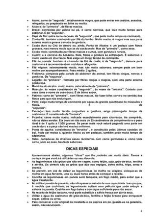 •   Acém: carne de "segunda", relativamente magra, que pode entrar em cozidos, assados,
    refogados, ou preparada em bifes ou moída.
•   Alcatra: de "primeira" , de fibras macias.
•   Braço: conhecida por paleta ou pá, é carne nervosa, que leva muito tempo para
    cozinhar. É de "segunda".
•   Capa de filé: outra carne nervosa, de "segunda" , que pede muito tempo no cozimento.
•   Contrafilé: também conhecido por filé do lombo. Muito macio, é magro mas sua parte
    externa mostra grossa camada de gordura.
•   Coxão duro ou Chã de dentro ou, ainda, Ponta de Alcatra: é um pedaço com fibras
    grossas, mas menos macia que as do coxão mole. Mas de "primeira" , como esse.
•   Coxão mole: constituído por fibras macias e curtas, com gordura e nervos.
•   Cupim: é a corcova do boi-zebu. Nele, fibras e gordura se entrelaçam. É saboroso e
    muito usado em churrasco. Mas exige um longo tempo de cozimento.
•   Filé de costela: também é chamado de filé de costa, é de "segunda" , demora para
    cozinhar e é recomendável em cozidos e refogados.
•   Filé mignon: extremamente macio, mas não muito saboroso, sempre pede um bom
    molho por acompanhamento. Peso médio: 2 quilos.
•   Fraldinha: composta pela parede do abdômen do animal, tem fibras longas, nervos e
    gorduras. De "segunda".
•   Lagarto: de "primeira" , formado por fibras longas e magras, com uma parte externa
    gordurosa.
•   Maminha do alcatra: muito macia, naturalmente de "primeira".
•   Músculo: às vezes considerado de "segunda" , às vezes de "terceira". Cortado com
    osso toma o nome de osso-buco. É de ótimo sabor.
•   Patinho: corte de "primeira" , com fibras macias. Ao fazer bifes corte-o no sentido das
    fibras para que não endureçam.
•   Peito: exige muito tempo de cozimento por causa da grande quantidade de músculos e
    fibras.                                      É                                       de
    "segunda".
•   Pescoço: tem muito tecido conjuntivo e gordura, exige prolongado tempo de
    cozimento. É considerado de "terceira".
•   Picanha: carne muito macia, indicada especialmente para churrasco. Ao comprá-la,
    não se deixe enrolar. Ela deve ter não mais de 25 centímetros de comprimento e o peso
    ideal é de 1 quilo a 1.500 gramas. Se pesar mais você estará pagando uma parte em
    coxão duro e a peça não terá maciez uniforme.
•   Ponta de agulha: considerada de "terceira" , é constituída pelas últimas costelas do
    boi. Pode ser moída e, quando inteira ou em pedaços, também pede muito tempo de
    cozimento.
•   Rabo: compõe-se de diversos ossos recobertos com carne gordurosa e, como toda
    carne junto ao osso, bastante saboroso.

                               DICAS ESPECIAIS
    Apresentamos abaixo, algumas "dicas" que lhe poderão ser muito úteis. Temos a
    certeza de que você irá utilizá-las no seu dia-a-dia.
•   As leguminosas são grãos que dão em vagem, como feijão, soja, grão-de-bico, lentilha
    e ervilha. Os cereais são os grãos que dão nas espigas, como milho, trigo, arroz e
    cevada.
•   Se preferir, em vez de deixar as leguminosas de molho na véspera, coloque-as de
    molho em água fervente, uma ou duas horas antes de começar a receita.
•   Cozinhe as leguminosas em panela semi tampada, em fogo médio, para evitar que a
    água transborde.
•   Ao utilizar panela de pressão, não ultrapasse a metade de sua capacidade. Isso porque,
    à medida que cozinham, as leguminosas soltam uma película que pode entupir a
    válvula da panela. Cozinhe em fogo baixo e com água suficiente para não secar.
•   Na receita de feijão toscano, você pode substituir a sálvia fresca por sálvia seca.
•   Utilize a água do cozimento do grão-de-bico, lentilha e feijão branco para enriquecer
    sopas, caldos ou arroz.
•   Para conservar a cor original da mostarda e da páprica em pó, guarde-as na geladeira,
    assim, não escurecem.

                                                                                         4
 