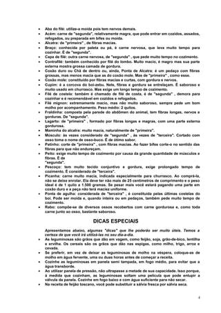 •
•
•
•
•
•
•
•
•
•
•
•
•
•
•
•
•
•
•

•
•

Aba do filé: utilize-a moída pois tem nervos demais.
Acém: carne de "segunda", relativamente magra, que pode entrar em cozidos, assados,
refogados, ou preparada em bifes ou moída.
Alcatra: de "primeira" , de fibras macias.
Braço: conhecida por paleta ou pá, é carne nervosa, que leva muito tempo para
cozinhar. É de "segunda".
Capa de filé: outra carne nervosa, de "segunda" , que pede muito tempo no cozimento.
Contrafilé: também conhecido por filé do lombo. Muito macio, é magro mas sua parte
externa mostra grossa camada de gordura.
Coxão duro ou Chã de dentro ou, ainda, Ponta de Alcatra: é um pedaço com fibras
grossas, mas menos macia que as do coxão mole. Mas de "primeira" , como esse.
Coxão mole: constituído por fibras macias e curtas, com gordura e nervos.
Cupim: é a corcova do boi-zebu. Nele, fibras e gordura se entrelaçam. É saboroso e
muito usado em churrasco. Mas exige um longo tempo de cozimento.
Filé de costela: também é chamado de filé de costa, é de "segunda" , demora para
cozinhar e é recomendável em cozidos e refogados.
Filé mignon: extremamente macio, mas não muito saboroso, sempre pede um bom
molho por acompanhamento. Peso médio: 2 quilos.
Fraldinha: composta pela parede do abdômen do animal, tem fibras longas, nervos e
gorduras. De "segunda".
Lagarto: de "primeira" , formado por fibras longas e magras, com uma parte externa
gordurosa.
Maminha do alcatra: muito macia, naturalmente de "primeira".
Músculo: às vezes considerado de "segunda" , às vezes de "terceira". Cortado com
osso toma o nome de osso-buco. É de ótimo sabor.
Patinho: corte de "primeira" , com fibras macias. Ao fazer bifes corte-o no sentido das
fibras para que não endureçam.
Peito: exige muito tempo de cozimento por causa da grande quantidade de músculos e
fibras. É de
"segunda".
Pescoço: tem muito tecido conjuntivo e gordura, exige prolongado tempo de
cozimento. É considerado de "terceira".
Picanha: carne muito macia, indicada especialmente para churrasco. Ao comprá-la,
não se deixe enrolar. Ela deve ter não mais de 25 centímetros de comprimento e o peso
ideal é de 1 quilo a 1.500 gramas. Se pesar mais você estará pagando uma parte em
coxão duro e a peça não terá maciez uniforme.
Ponta de agulha: considerada de "terceira" , é constituída pelas últimas costelas do
boi. Pode ser moída e, quando inteira ou em pedaços, também pede muito tempo de
cozimento.
Rabo: compõe-se de diversos ossos recobertos com carne gordurosa e, como toda
carne junto ao osso, bastante saboroso.

DICAS ESPECIAIS
•
•
•
•
•

Apresentamos abaixo, algumas "dicas" que lhe poderão ser muito úteis. Temos a
certeza de que você irá utilizá-las no seu dia-a-dia.
As leguminosas são grãos que dão em vagem, como feijão, soja, grão-de-bico, lentilha
e ervilha. Os cereais são os grãos que dão nas espigas, como milho, trigo, arroz e
cevada.
Se preferir, em vez de deixar as leguminosas de molho na véspera, coloque-as de
molho em água fervente, uma ou duas horas antes de começar a receita.
Cozinhe as leguminosas em panela semi tampada, em fogo médio, para evitar que a
água transborde.
Ao utilizar panela de pressão, não ultrapasse a metade de sua capacidade. Isso porque,
à medida que cozinham, as leguminosas soltam uma película que pode entupir a
válvula da panela. Cozinhe em fogo baixo e com água suficiente para não secar.
Na receita de feijão toscano, você pode substituir a sálvia fresca por sálvia seca.
4

 