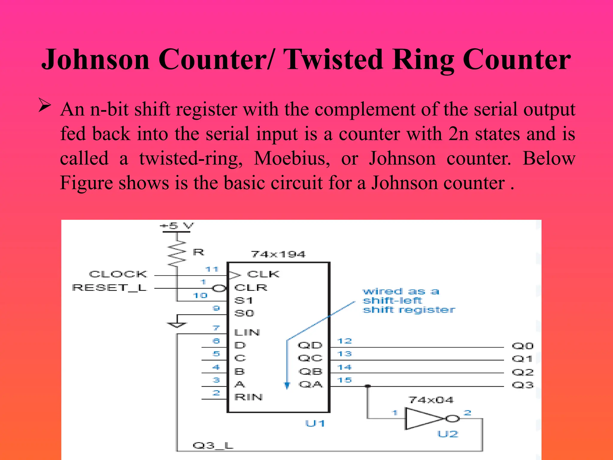 Johnson Counter/ Twisted Ring Counter
 An n-bit shift register with the complement of the serial output
fed back into the serial input is a counter with 2n states and is
called a twisted-ring, Moebius, or Johnson counter. Below
Figure shows is the basic circuit for a Johnson counter .
 