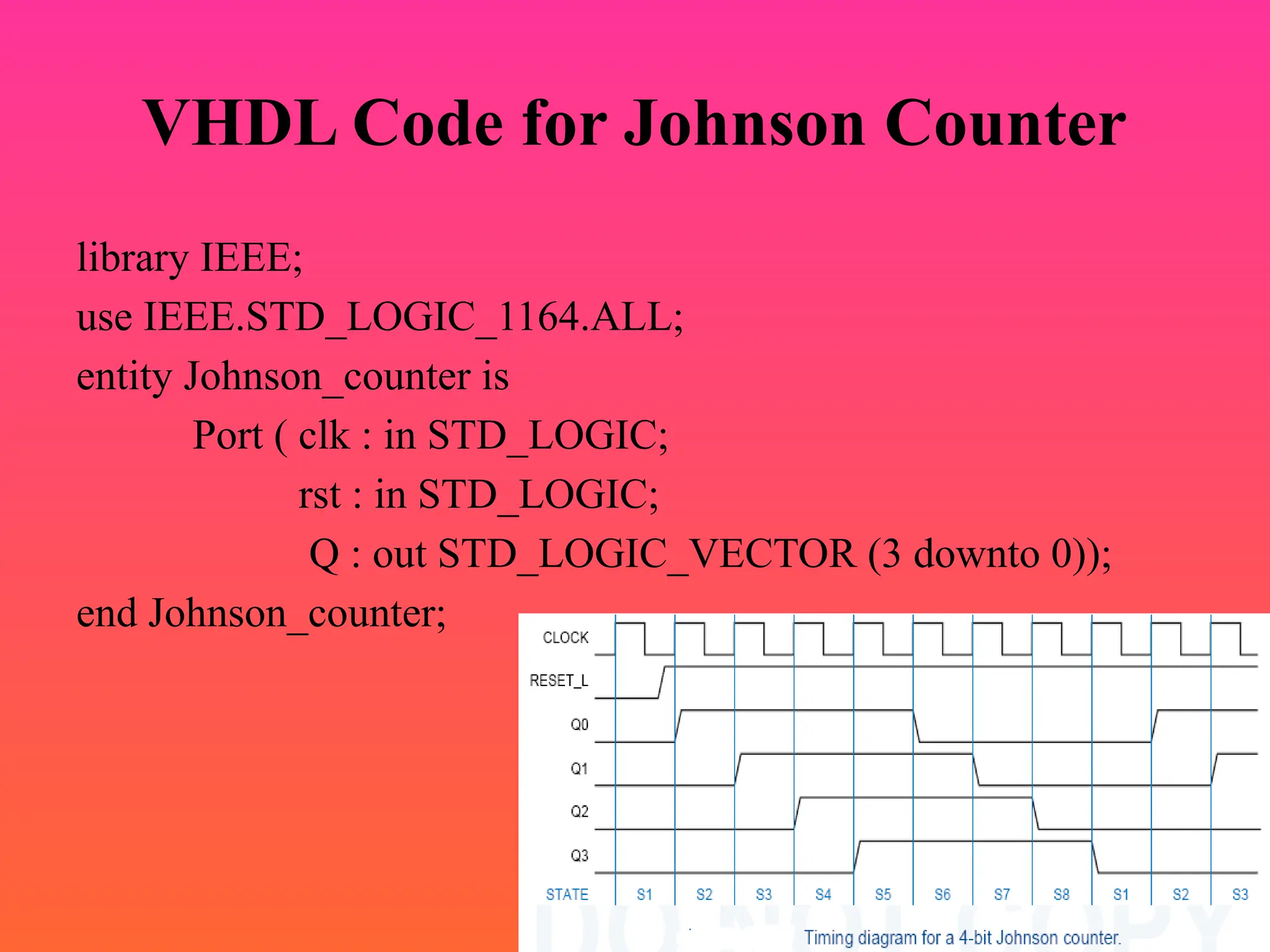 VHDL Code for Johnson Counter
library IEEE;
use IEEE.STD_LOGIC_1164.ALL;
entity Johnson_counter is
Port ( clk : in STD_LOGIC;
rst : in STD_LOGIC;
Q : out STD_LOGIC_VECTOR (3 downto 0));
end Johnson_counter;
 