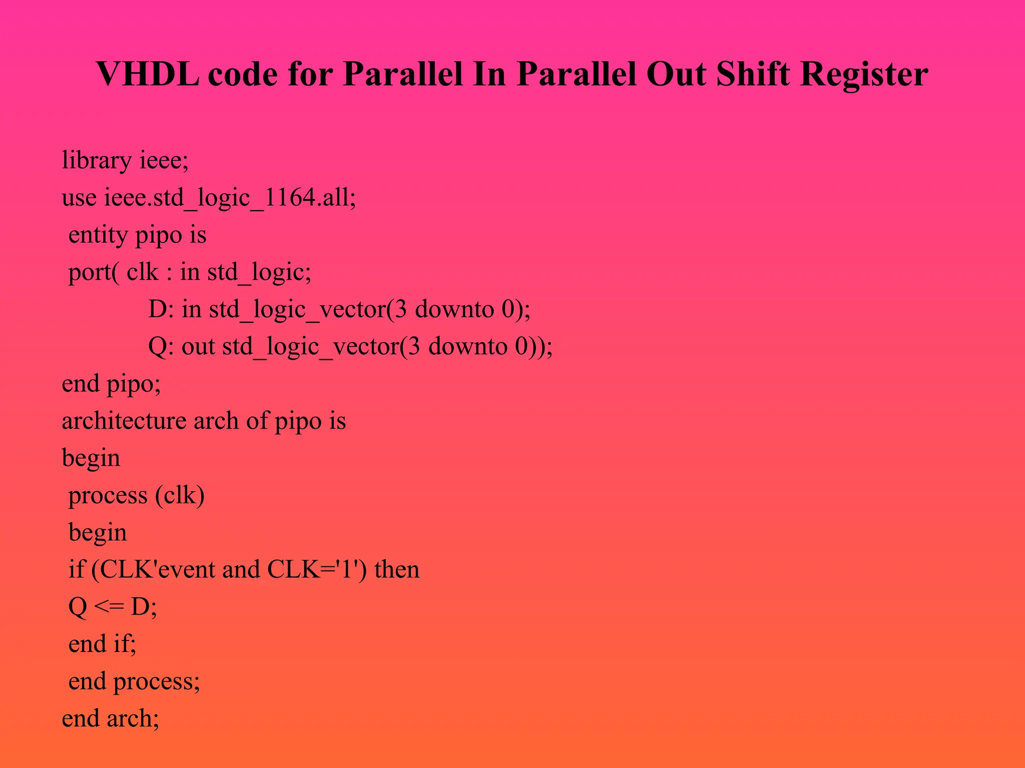 VHDL code for Parallel In Parallel Out Shift Register
library ieee;
use ieee.std_logic_1164.all;
entity pipo is
port( clk : in std_logic;
D: in std_logic_vector(3 downto 0);
Q: out std_logic_vector(3 downto 0));
end pipo;
architecture arch of pipo is
begin
process (clk)
begin
if (CLK'event and CLK='1') then
Q <= D;
end if;
end process;
end arch;
 