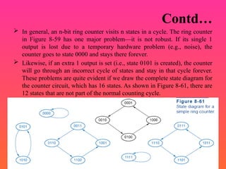 Contd…
 In general, an n-bit ring counter visits n states in a cycle. The ring counter
in Figure 8-59 has one major problem—it is not robust. If its single 1
output is lost due to a temporary hardware problem (e.g., noise), the
counter goes to state 0000 and stays there forever.
 Likewise, if an extra 1 output is set (i.e., state 0101 is created), the counter
will go through an incorrect cycle of states and stay in that cycle forever.
These problems are quite evident if we draw the complete state diagram for
the counter circuit, which has 16 states. As shown in Figure 8-61, there are
12 states that are not part of the normal counting cycle.
 